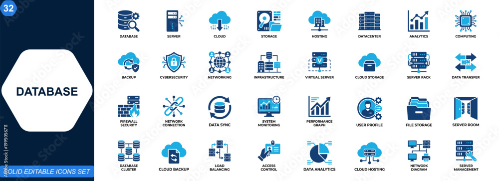 Obraz premium Database and cloud infrastructure icon set. Server, storage, data center, hosting, analytics, computing, backup, cybersecurity, network management. Editable icons collection. Vector.