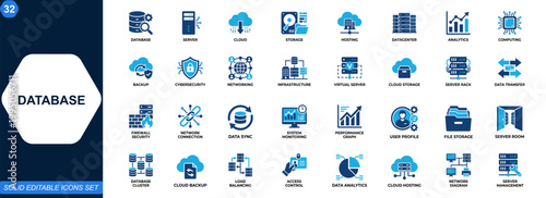 Database and cloud infrastructure icon set. Server, storage, data center, hosting, analytics, computing, backup, cybersecurity, network management. Editable icons collection. Vector.