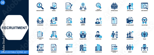 Recruitment and hiring icon set for human resources and talent acquisition. Employment, staffing, job search, applicant tracking, workforce, career, HR management. Editable icons collection. Vector.