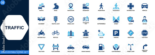 Traffic icon set for navigation and urban transport systems. Road, pedestrian, crosswalk, intersection, traffic light, speed limit, accident, navigation map, vehicle safety. Editable icons collection.