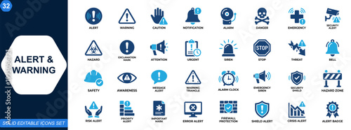 Alert and warning icon set. Caution, exclamation, notification, alarm, danger, emergency, security alert, hazard, attention, risk control. Editable icons collection. Vector.