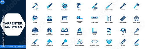 Carpenter and handyman tools icon set. Construction, workshop, repair, house building, woodworking, contractor equipment, power tools, home renovation. Editable icons collection. Vector.