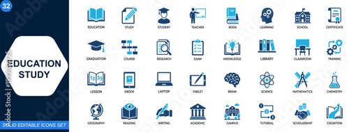 Education and study icon set for academic learning platforms and school resources. Student, teacher, book, certificate, graduation, e learning, research, exam, knowledge tools. Editable icons set