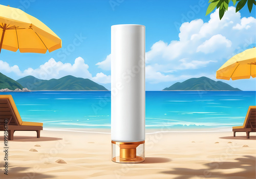 Blank white and gold tube product on sandy beach with sun umbrellas and ocean in background, summer beach background.