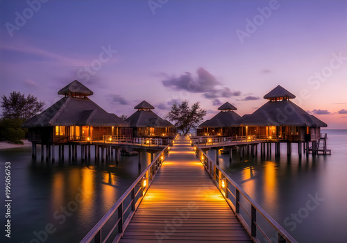 Overwater bungalows at luxury resort in maldives during beautiful sunset, romantic tropical getaway, tranquil evening scene.