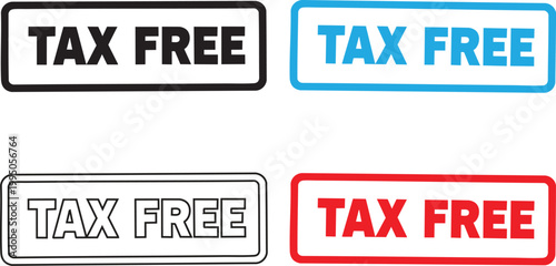 Four rectangular stamps displaying the text tax free in different colors