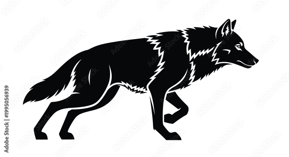 Fototapeta premium Wolf illustration displays a sleek canine predator in a walking motion rendered in a clean black and white silhouette graphic style.