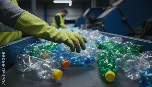 Foto A worker in a recycling plant uses gloved hands to sort plastic bottles moving along a conveyor belt for processing and recycling