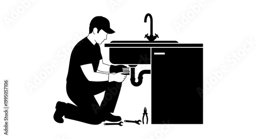 A plumber is shown repairing pipes under a kitchen sink