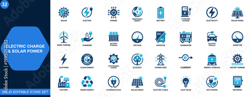 Electric charge and solar power icon set. Renewable energy, charging station, battery storage, photovoltaic panel, wind turbine, green electricity, sustainable technology. Editable icons collection.