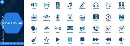 Audio and Sound Icon Set for Media and Music Interfaces. Speaker, microphone, headphones, volume control, equalizer, playback, podcast, broadcast, soundwave. Editable icons collection. Vector.