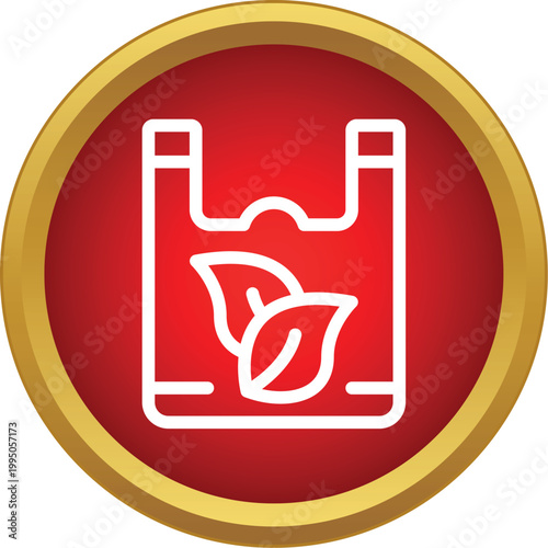 White outline of a biodegradable eco friendly bag with leaves on a red circle