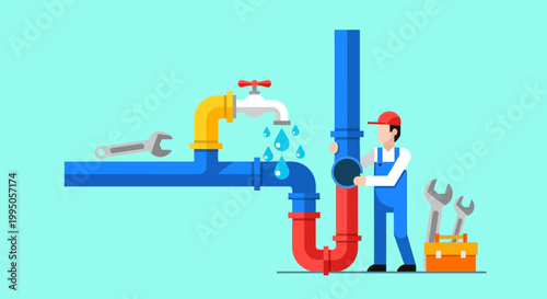 A plumber repairs a leaky pipe with tools and a toolbox nearby