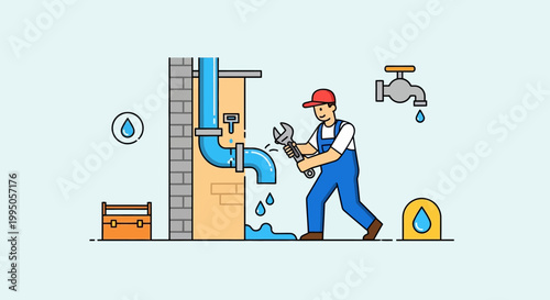 A plumber repairs a leaking pipe against a brick wall
