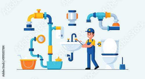 A cartoon plumber surrounded by various plumbing fixtures and tools