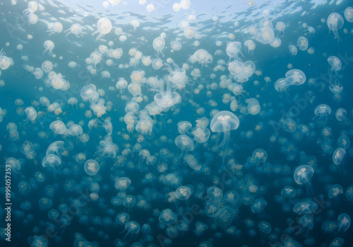 Abundant jellyfish gracefully floating underwater in a tranquil blue ocean.