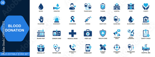 Blood donation icon set. Blood, donation, donor, transfusion, medical, healthcare, charity, volunteer, hospital, awareness, plasma, blood bank, lifesaving. Editable icons collection. Vector.