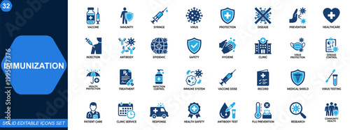 Immunization and vaccine protection icon set. Vaccination, immunity, syringe, virus defense, disease prevention, healthcare safety, epidemic control. Editable icons collection. Vector.