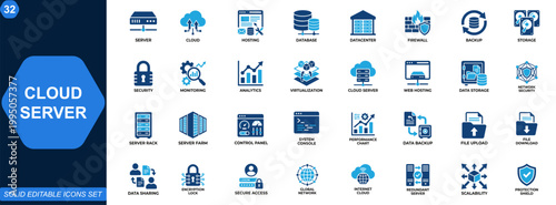 Server and cloud infrastructure icon set. Cloud hosting, data storage, database, datacenter, network security, firewall, backup, analytics, monitoring. Editable icons collection. Vector.