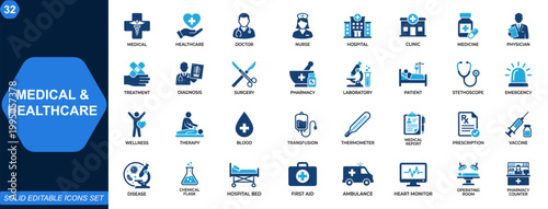 Medical and healthcare icon set. Doctor, nurse, hospital, clinic, medicine, diagnosis, treatment, surgery, pharmacy, laboratory. Editable icons collection. Vector.