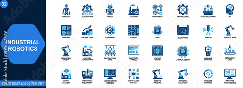 Industrial robotics icon set for automation and smart manufacturing. Robotics, automation, AI, robotic arm, factory control, industrial engineering. Editable icons collection. Vector.