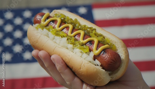 Valokuva A close-up of a hand holding a classic grilled hot dog with mustard, onions, and relish in front of an American flag background