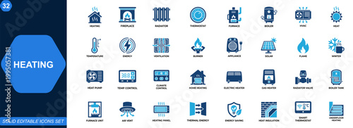 Heating icon set. Fireplace, radiator, thermostat, furnace, boiler, HVAC, heat pump, energy efficiency, temperature control, home heating systems. Editable icons collection. Vector.