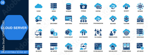 Cloud server and infrastructure icon set. cloud computing, server, database, storage, network, hosting, data transfer, backup, cybersecurity, web services. Editable icons collection. Vector.