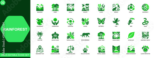 Rainforest and tropical nature icon set. Forest, jungle, wildlife, plants, leaves, animals, ecology, biodiversity, environment, conservation, ecosystem. Editable icons collection. Vector.