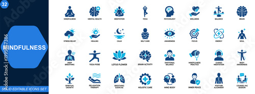 Mindfulness and Mental Health icon set. Meditation, yoga, psychology, brain, balance, therapy, relaxation, wellbeing, emotional, spirituality, self care. Editable icons collection. Vector.