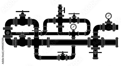 Quadro su tela Detailed black and white illustration of an industrial pipe and valve system