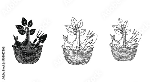 A gardening basket filled with fresh vegetables and hand tools is displayed in three different artistic styles for agricultural concepts.