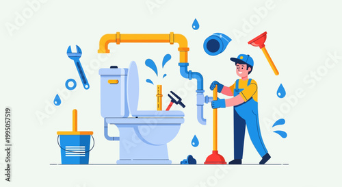 A plumber fixing a leaky toilet with various plumbing tools nearby