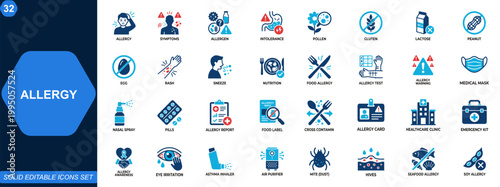 Allergy and Food Intolerance Icon Set for Healthcare. Allergy, symptoms, food intolerance, immune system, pollen allergy, skin allergy, allergen warning. Editable icons collection. Vector.