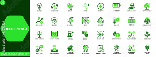 Green energy and renewable power icons set. Solar, wind, electric, battery, sustainable, eco, environment, carbon reduction, efficiency, clean energy. Editable icons collection. Vector.