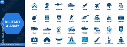 Military and army icon set. Soldier, weapon, combat gear, tank, aircraft, missile, defense equipment, tactical operations, battlefield support, security. Editable icons collection. Vector.