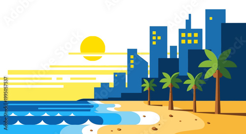 Modern minimalist flat vector illustration of a coastal tech hub for corporate summer retreats and urban travel branding