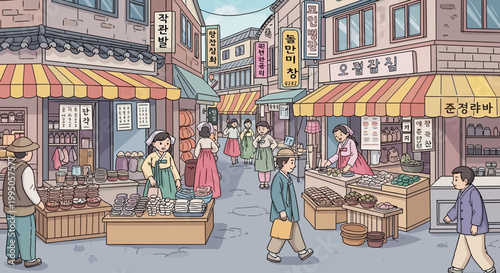 Whimsical illustration of a traditional Korean market scene celebrating cultural heritage and community commerce for global diversity storytelling