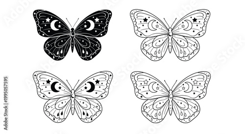 Butterfly displaying intricate celestial patterns of moons and stars is presented in four separate styles for creative design projects.