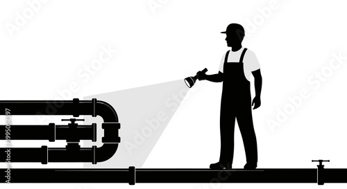 Silhouette of a plumber inspecting pipes with a flashlight