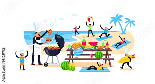 Vibrant corporate summer retreat concept featuring a coastal team-building BBQ and beach activities for employee engagement and internal communications