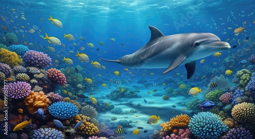 Vibrant underwater scene with a dolphin swimming among colorful coral and tropical fish in clear blue ocean water teeming with marine life