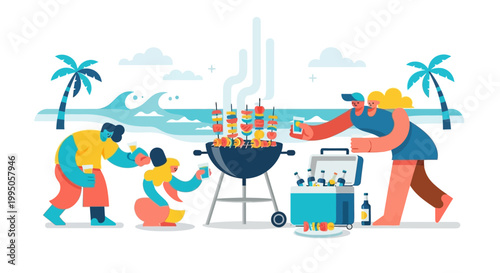 Modern flat illustration of a summer team building retreat and corporate community barbecue for seasonal marketing campaigns