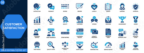 Customer satisfaction icon set. Feedback, rating, review, customer service, support, survey, loyalty, approval, reputation, user experience, client trust. Editable icons collection. Vector.