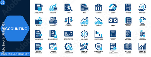 Accounting icon set. Finance, audit, tax, banking, credit, invoicing, payments, bookkeeping, financial reports, expense tracking, payroll, budgeting. Editable icons collection. Vector.