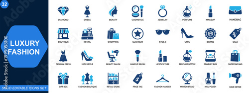 Luxury Fashion and Beauty Icon Set. Cosmetics, accessories, jewelry, handbag, perfume, makeup, boutique, retail, shopping, glamour, styling, runway. Editable icons collection. Vector.