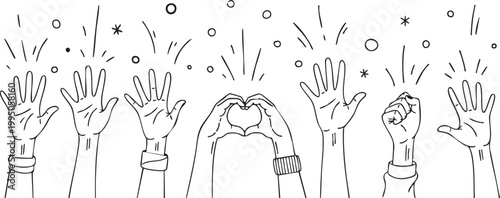 A collection of hand gestures in a doodle style including hearts peace signs and fists