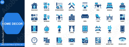 Home decor icon set. Furniture, interior design, room decoration, renovation, lighting, office desk, bedroom, living room, apartment furnishing. Editable icons collection. Vector.