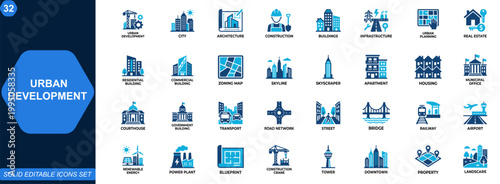 Urban development icon set for city architecture and construction projects. Buildings, infrastructure, residential, commercial real estate, urban planning, skyline, zoning. Editable icons collection.