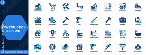 Construction and repair icon set. Tools, machinery, plumbing, painting, house renovation, engineering equipment, handyman service, industrial hardware. Editable icons collection. Vector.